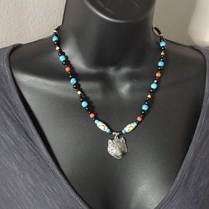 Multicolor Beaded Wolf Pendant Necklace 18 Inches Long